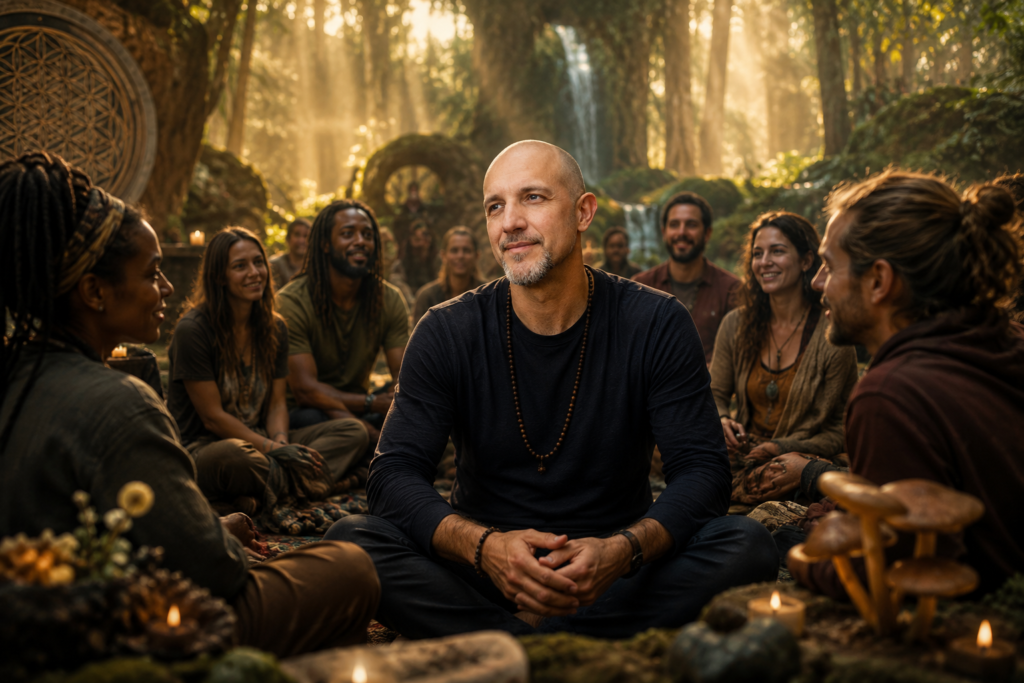 Spiritual community gathering, healing retreat participants, and mushroom cultivation representing transformation, connection, and conscious growth.